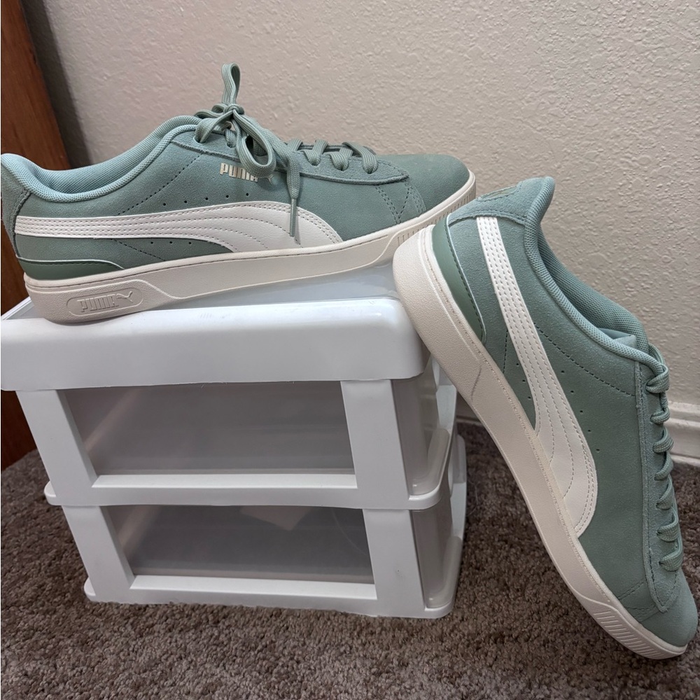 Puma Mint Green and White Suede Casual Sneakers